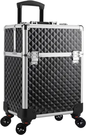 Wasserrhythm Rolling Makeup Train Case Cosmetic Travel Cart 4 Tray Sliding Rail Removable Middle Layer Makeup Cart with 360° wheels Large Storage Cosmetic Trolley Salon Barber Case Trunk, Black