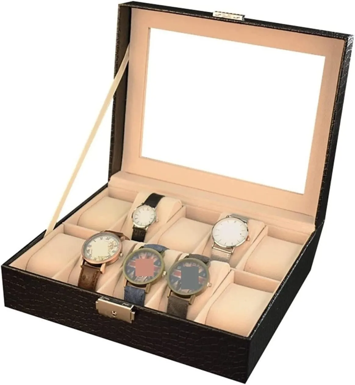 Watch Box Case 10 Slot PU Leather Lockabl Display Organizer Holder Jewelry Storage Men(Black)