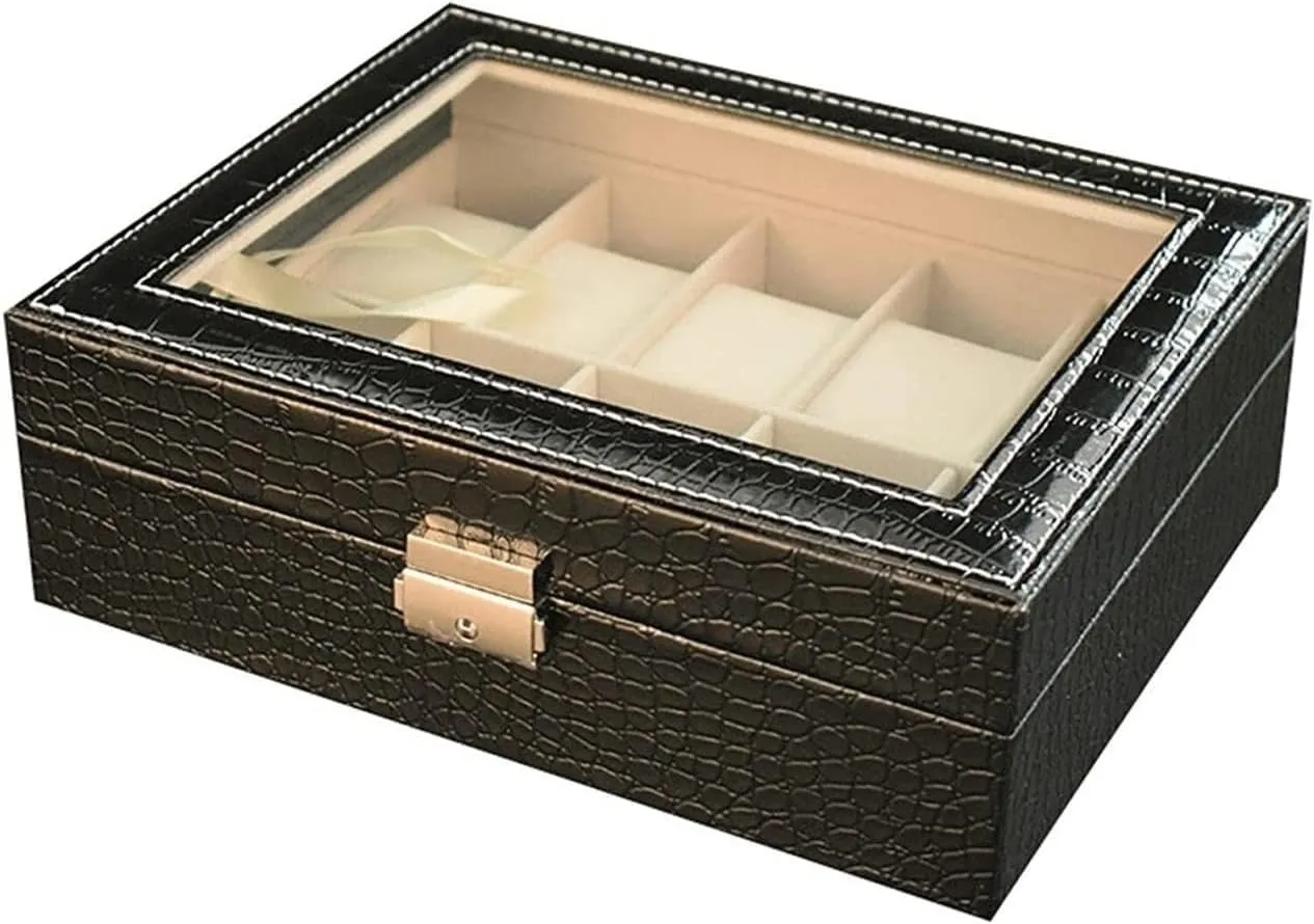 Watch Box Case 10 Slot PU Leather Lockabl Display Organizer Holder Jewelry Storage Men(Black)