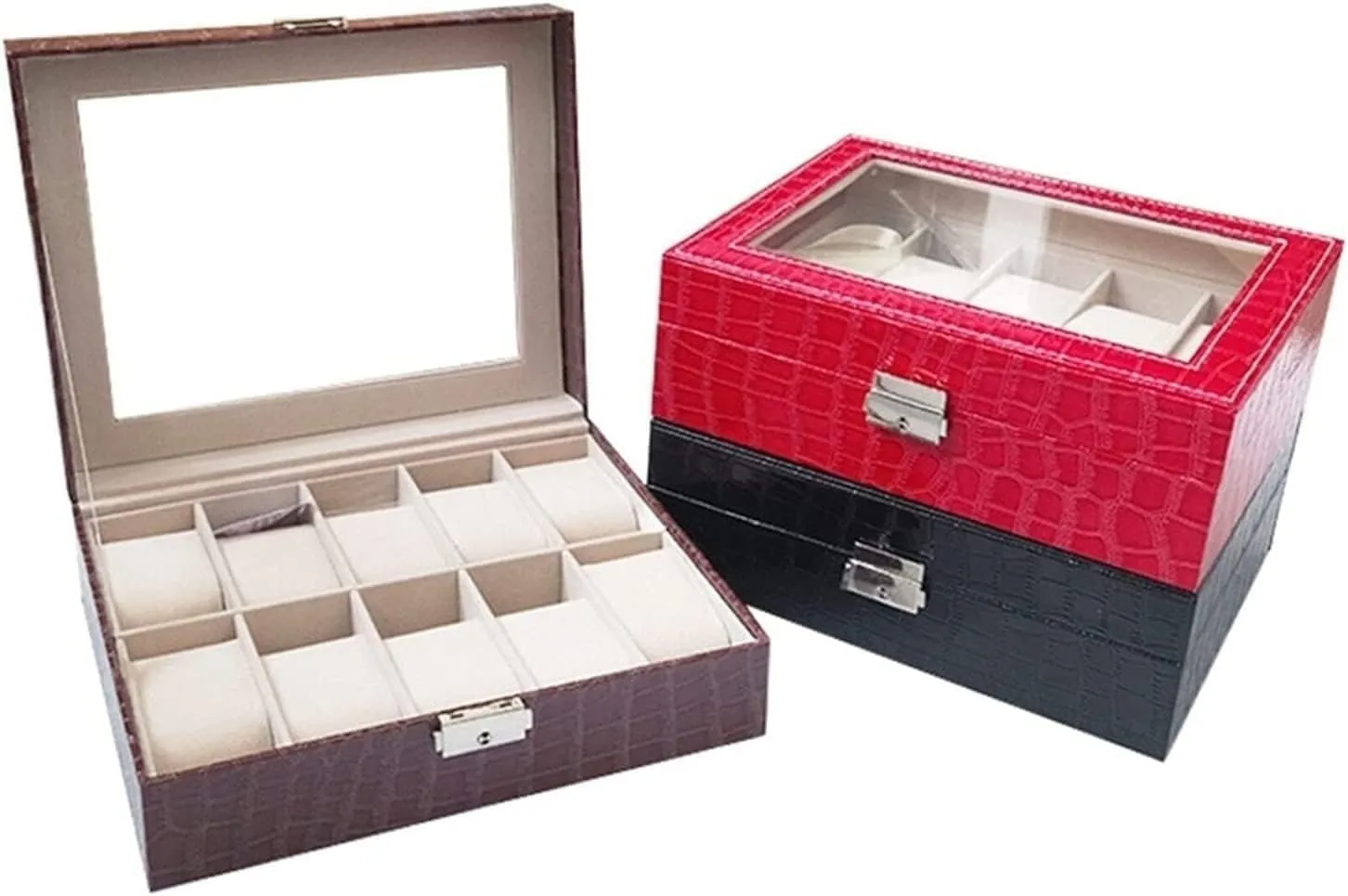 Watch Box Case 10 Slot PU Leather Lockabl Display Organizer Holder Jewelry Storage Men(Black)