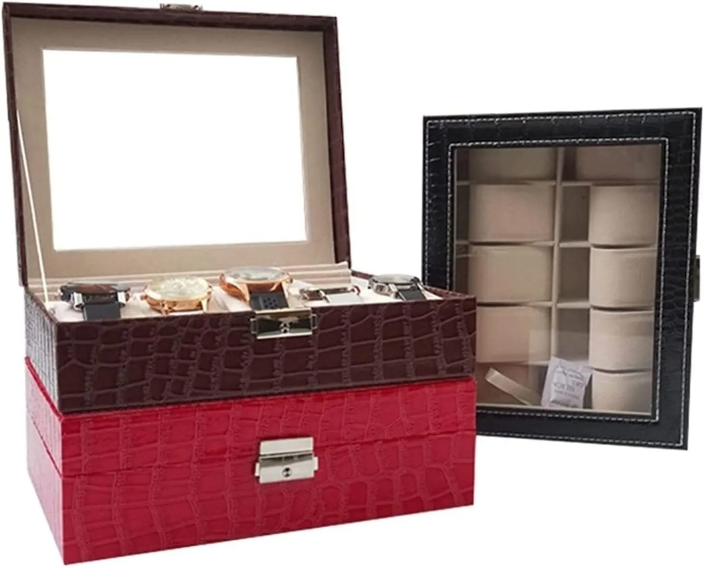 Watch Box Case 10 Slot PU Leather Lockabl Display Organizer Holder Jewelry Storage Men(Black)