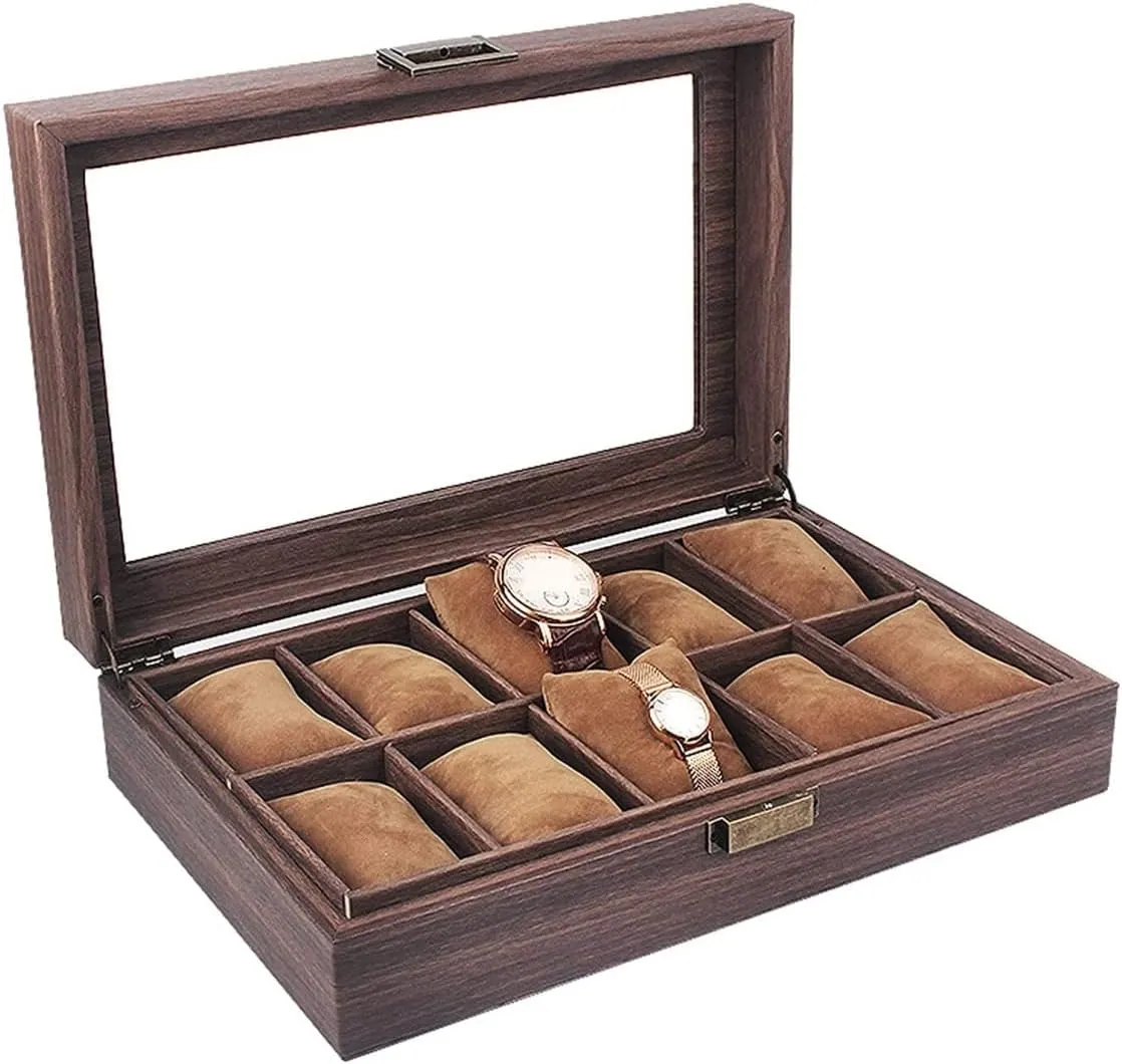 Watch Case Watch Organizer Display Vintage Wood Grain PU Leather 10 Grids Watch Box Organizer Lockable Display Case Watch Box