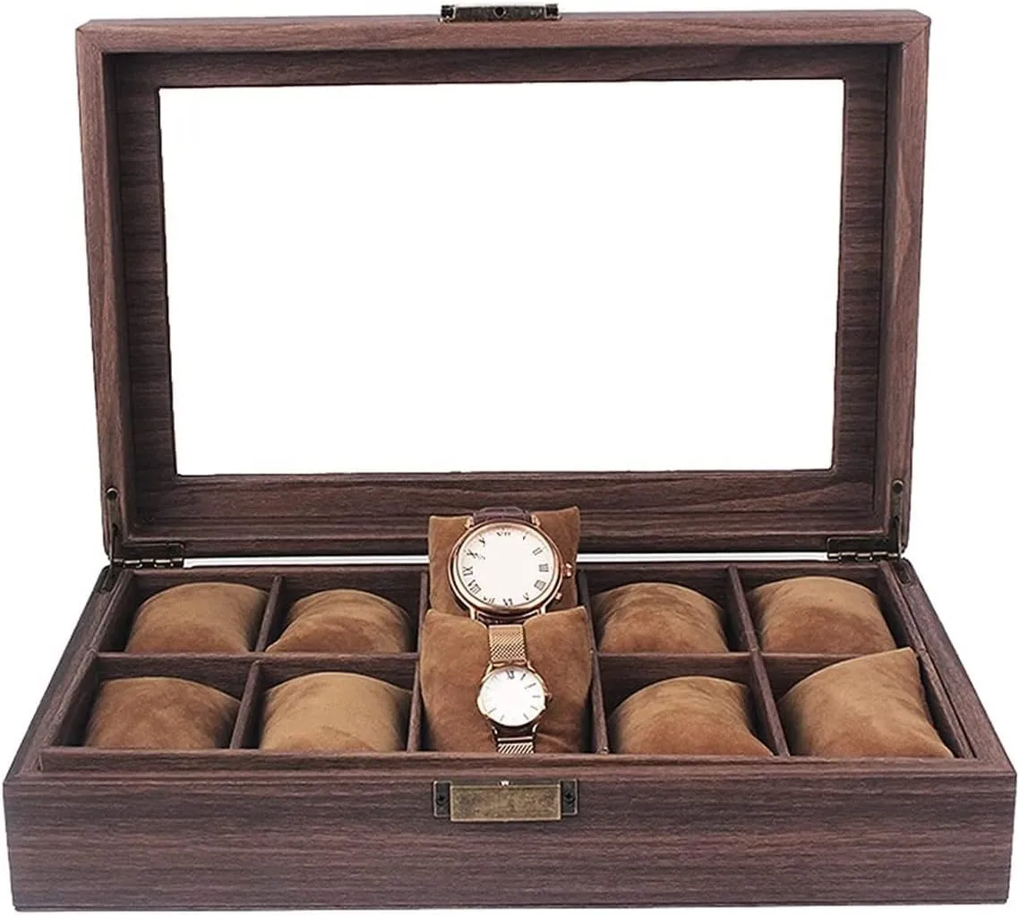 Watch Case Watch Organizer Display Vintage Wood Grain PU Leather 10 Grids Watch Box Organizer Lockable Display Case Watch Box