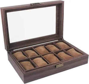 Watch Case Watch Organizer Display Vintage Wood Grain PU Leather 10 Grids Watch Box Organizer Lockable Display Case Watch Box