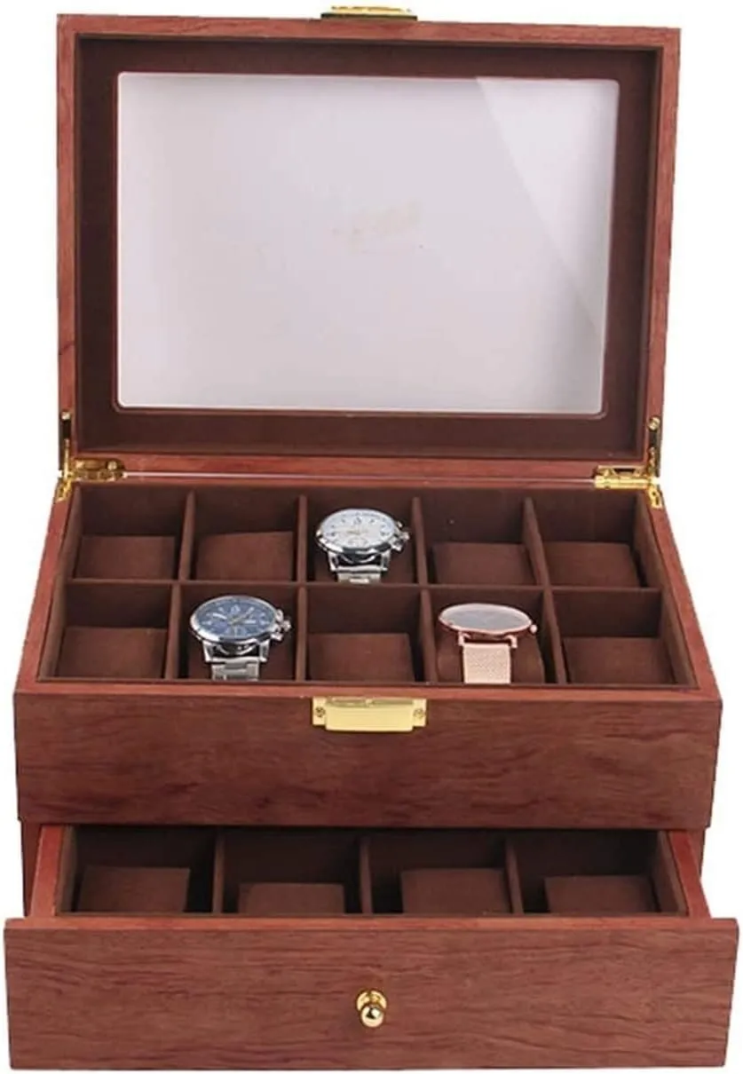 Watch Case Watch Roll Double Layer Vintage Wood 20 Slots Watch Storage Box Organizer Clear Lid Lockable Jewellery Display Case Watch Box Watch Winder(Red Brown-29 * 21.5 * 15cm)