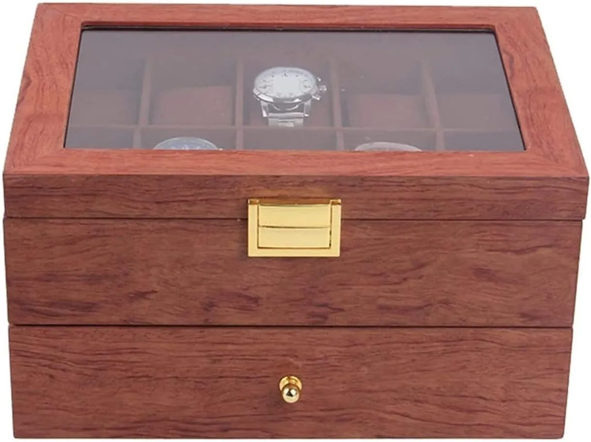 Watch Case Watch Roll Double Layer Vintage Wood 20 Slots Watch Storage Box Organizer Clear Lid Lockable Jewellery Display Case Watch Box Watch Winder(Red Brown-29 * 21.5 * 15cm)