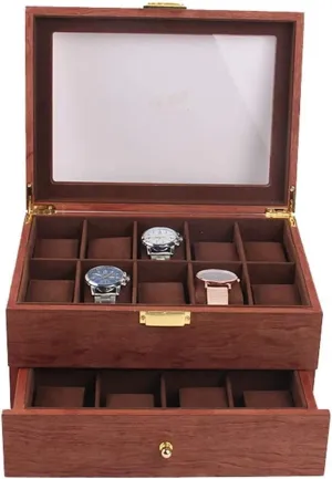 Watch Case Watch Roll Double Layer Vintage Wood 20 Slots Watch Storage Box Organizer Clear Lid Lockable Jewellery Display Case Watch Box Watch Winder(Red Brown-29 * 21.5 * 15cm)