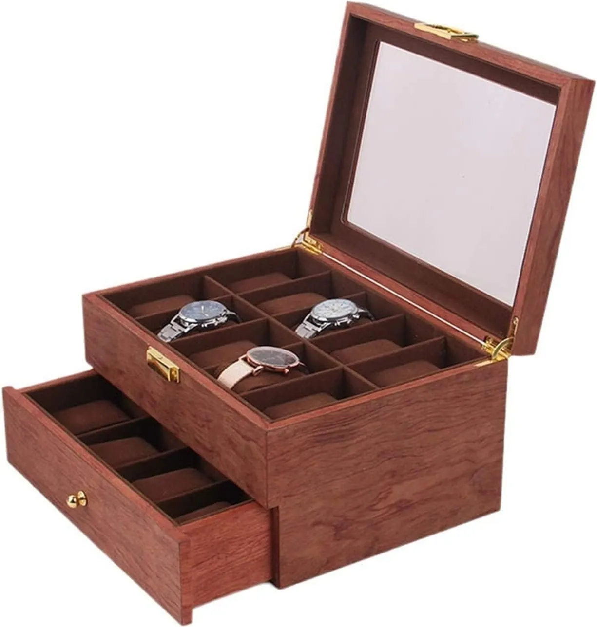 Watch Case Watch Roll Double Layer Vintage Wood 20 Slots Watch Storage Box Organizer Clear Lid Lockable Jewellery Display Case Watch Box Watch Winder(Red Brown-29 * 21.5 * 15cm)