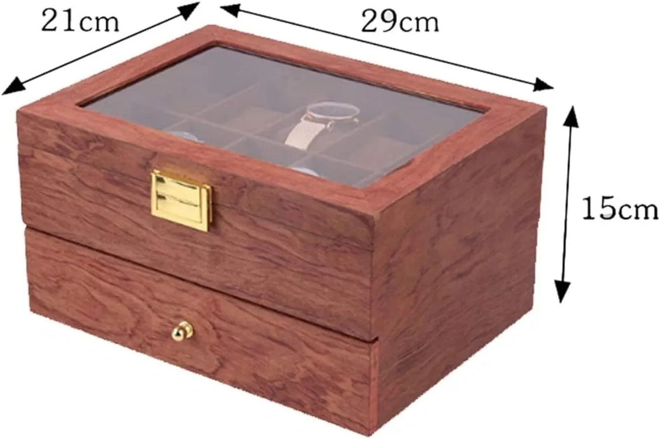 Watch Case Watch Roll Double Layer Vintage Wood 20 Slots Watch Storage Box Organizer Clear Lid Lockable Jewellery Display Case Watch Box Watch Winder(Red Brown-29 * 21.5 * 15cm)