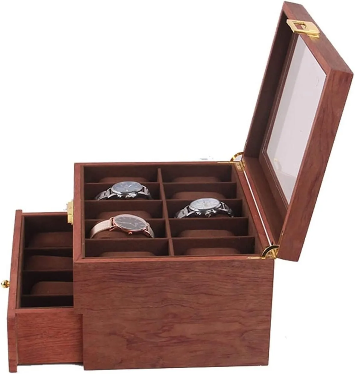 Watch Case Watch Roll Double Layer Vintage Wood 20 Slots Watch Storage Box Organizer Clear Lid Lockable Jewellery Display Case Watch Box Watch Winder(Red Brown-29 * 21.5 * 15cm)