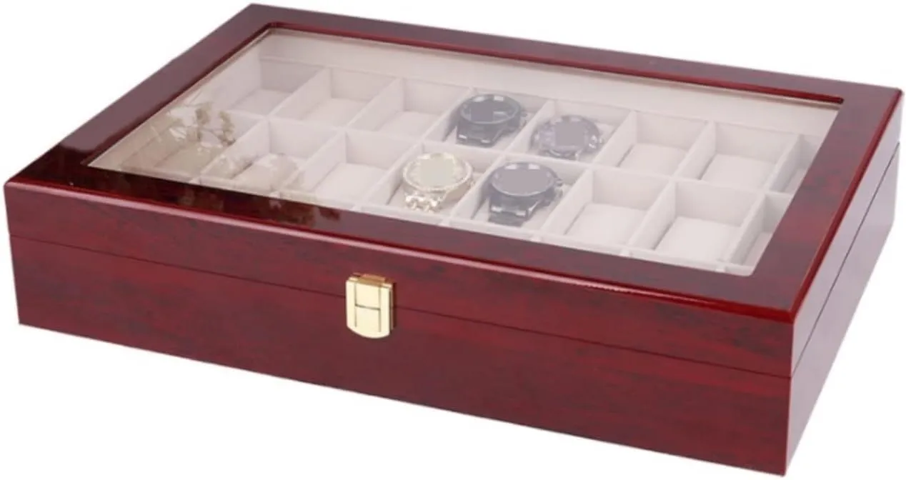 Watch Case Watch Roll Elegant Storage for Watch Jewellery Wood 24 Grids Watch Box Organizer Clear Top Wristwatch Display Metal Buckle Watch Box Watch Winder