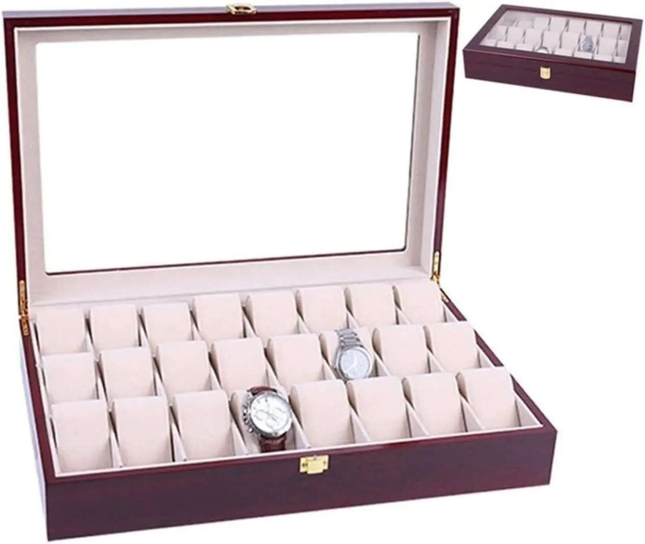 Watch Case Watch Roll Elegant Storage for Watch Jewellery Wood 24 Grids Watch Box Organizer Clear Top Wristwatch Display Metal Buckle Watch Box Watch Winder