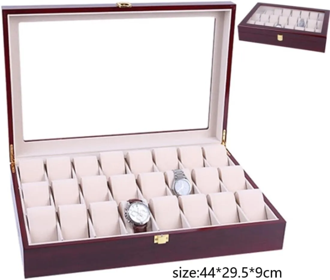 Watch Case Watch Roll Elegant Storage for Watch Jewellery Wood 24 Grids Watch Box Organizer Clear Top Wristwatch Display Metal Buckle Watch Box Watch Winder