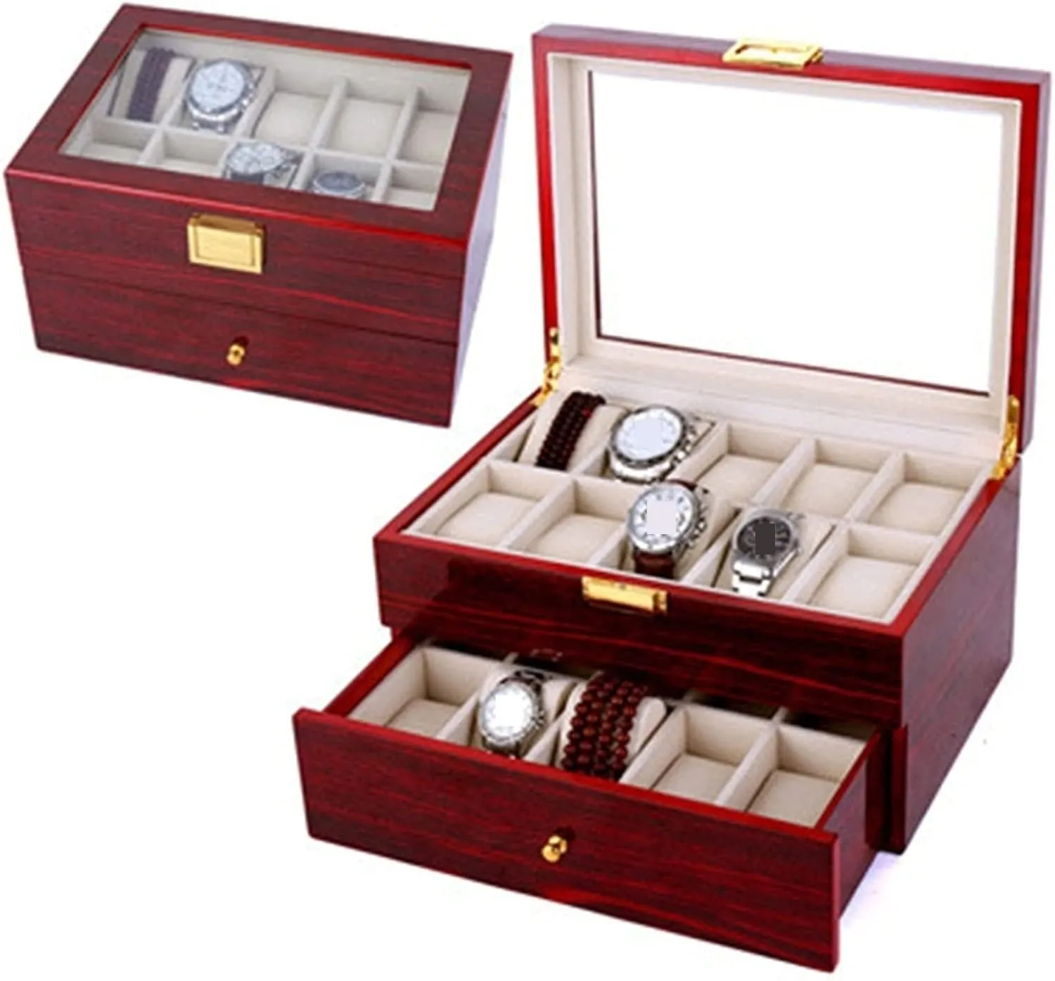 Watch Case Watch Roll Wood 20 Slots Watch Box Organizer Bracelet Display Holder Metal Hinge Clear Top Lockable Storage Case Watch Box Watch Winder