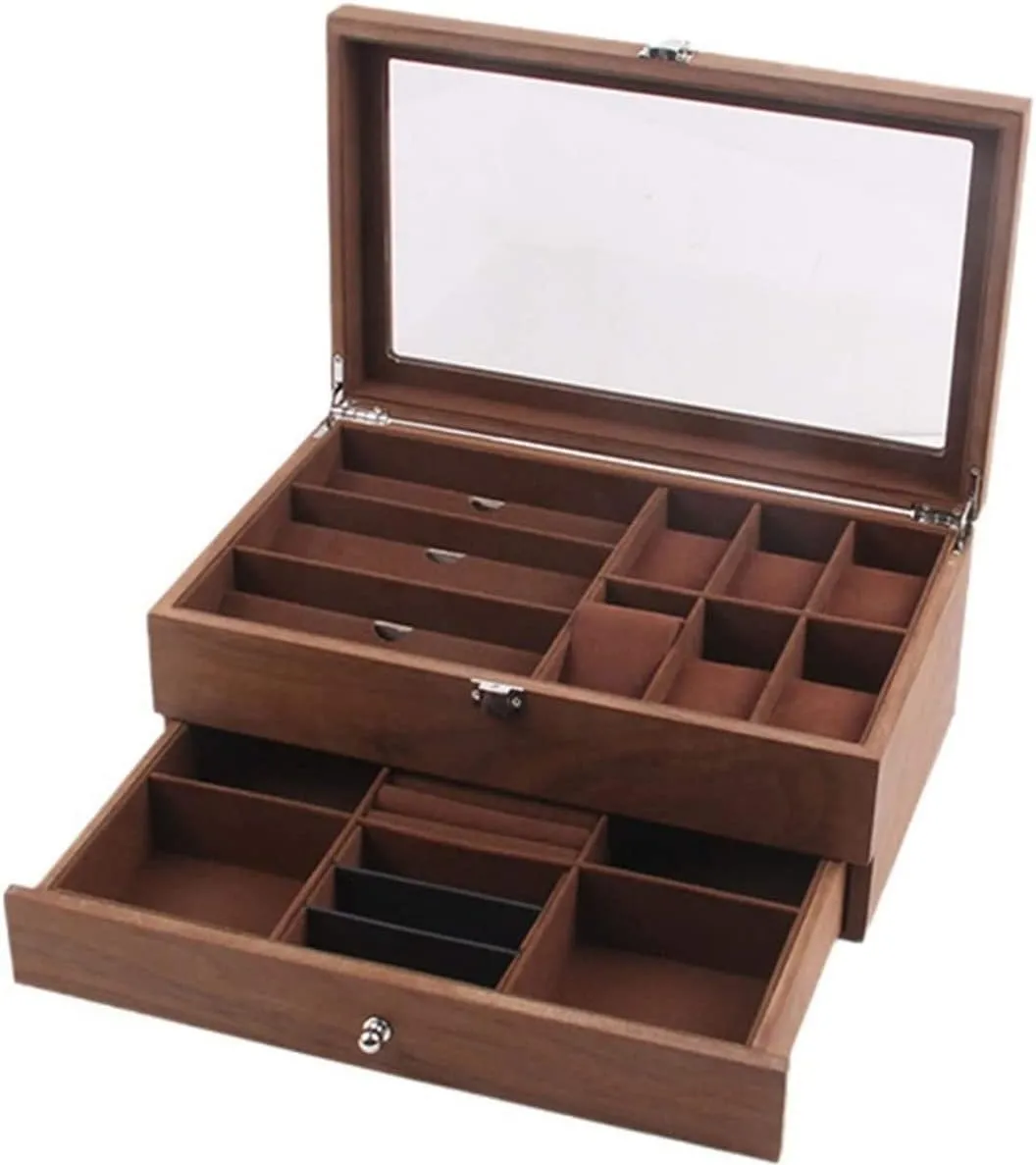 Watch Case Watch Stand Watch Winder Watch Display Organizer Double Layer Retro Wood 6 Slots Watch 3 Grid Eyeglasses Box Clear Top Lockable Watch Roll Watch Holder