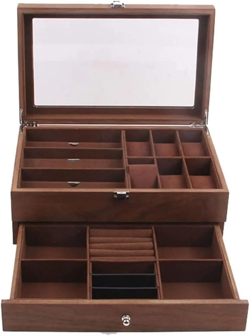 Watch Case Watch Stand Watch Winder Watch Display Organizer Double Layer Retro Wood 6 Slots Watch 3 Grid Eyeglasses Box Clear Top Lockable Watch Roll Watch Holder