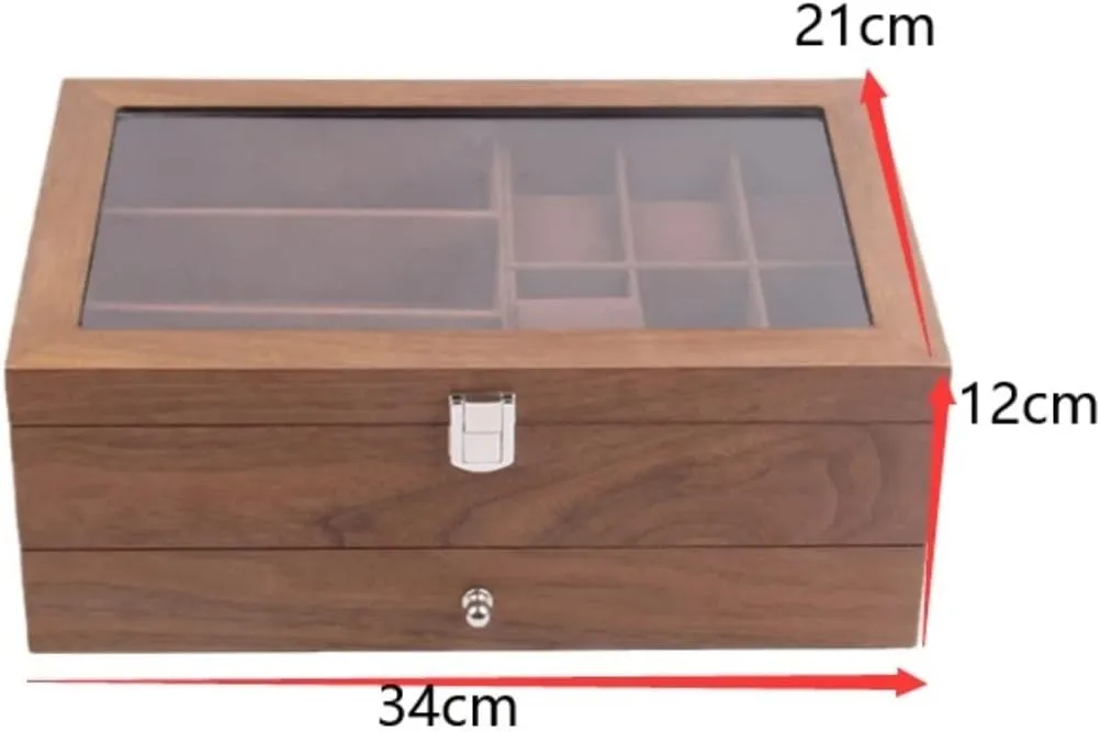 Watch Case Watch Stand Watch Winder Watch Display Organizer Double Layer Retro Wood 6 Slots Watch 3 Grid Eyeglasses Box Clear Top Lockable Watch Roll Watch Holder