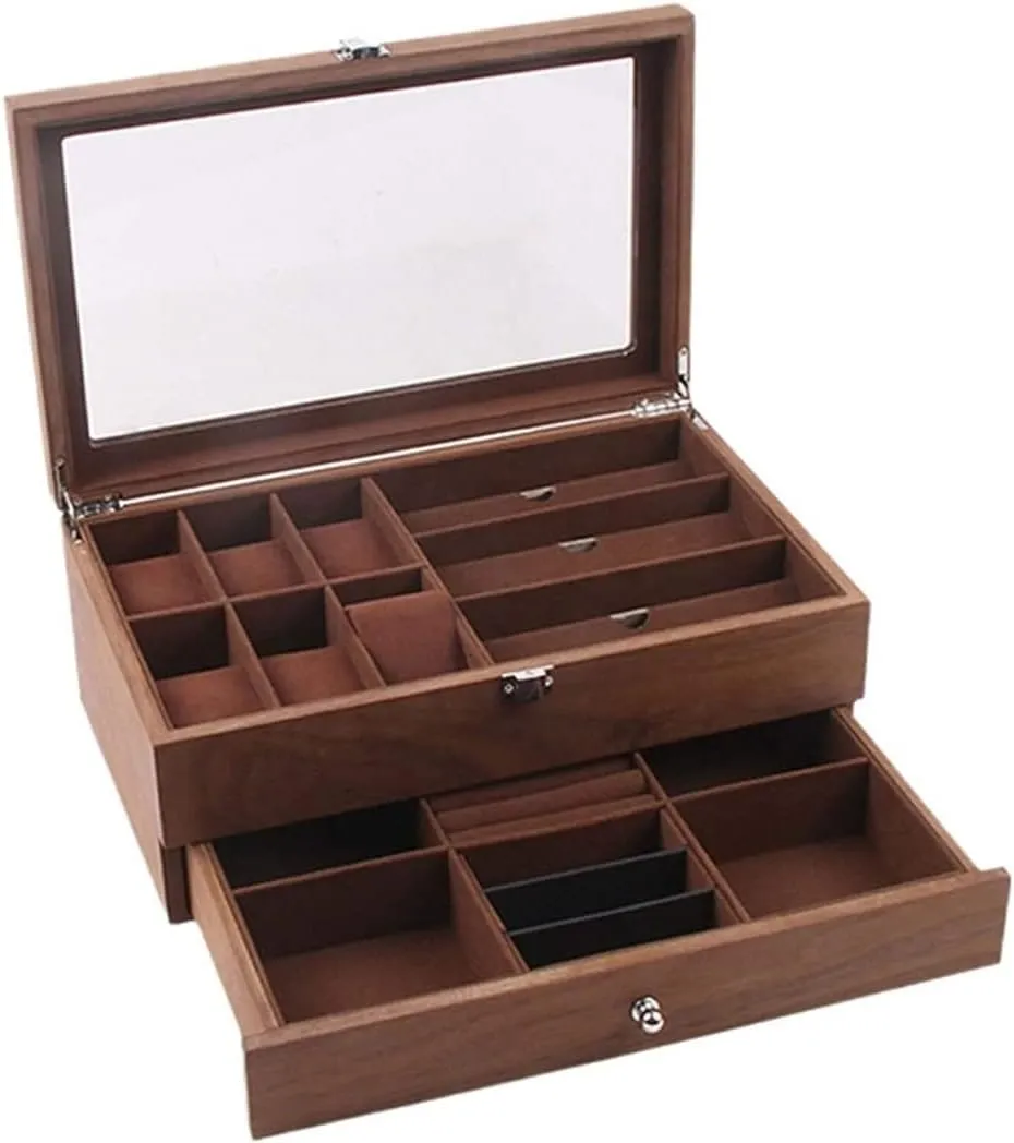 Watch Case Watch Stand Watch Winder Watch Display Organizer Double Layer Retro Wood 6 Slots Watch 3 Grid Eyeglasses Box Clear Top Lockable Watch Roll Watch Holder