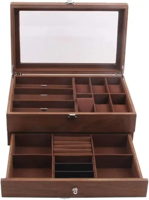 Watch Case Watch Stand Watch Winder Watch Display Organizer Double Layer Retro Wood 6 Slots Watch 3 Grid Eyeglasses Box Clear Top Lockable Watch Roll Watch Holder