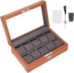 Watch Holder Organizer, Multifunctional Transparent Glass Window Design 10 Slots Watch Case (Brown)