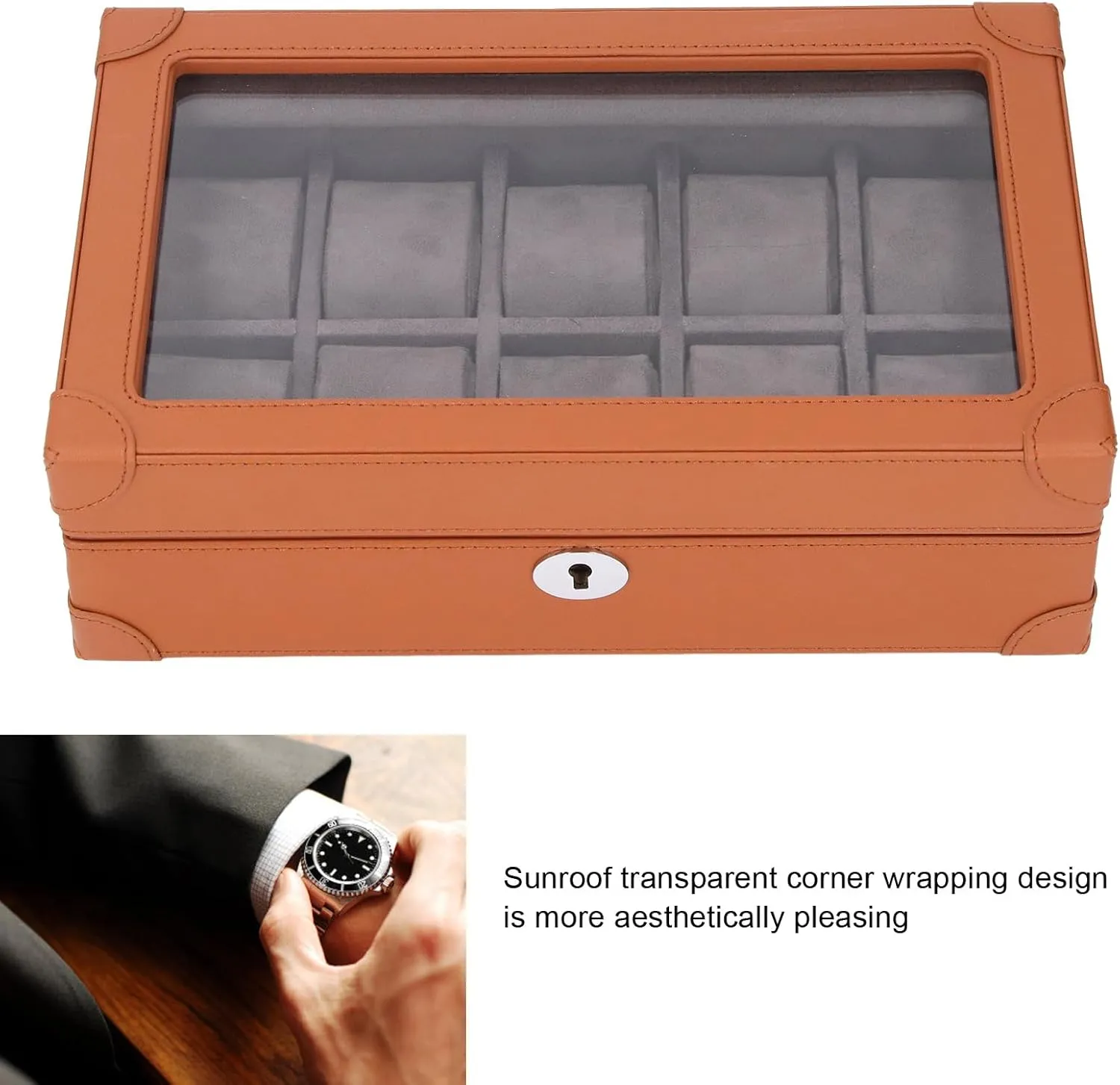 Watch Holder Organizer, Multifunctional Transparent Glass Window Design 10 Slots Watch Case (Brown)