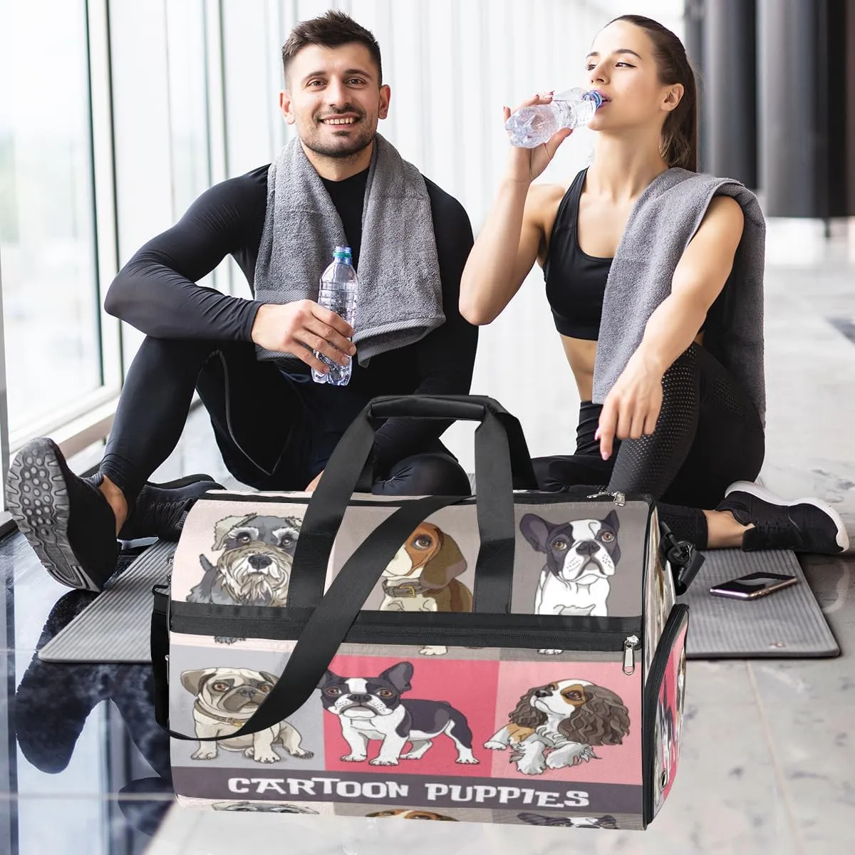 Watercolor Dog Sports Gym Bag for Women Men Travel Duffel Bag with Wet Pocket & Shoes Compartment Waterproof Weekender Overnight Tote Carry on Bag Lightweight