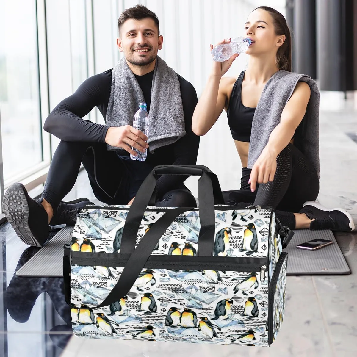 Watercolor Penguins Sports Gym Bag for Women Men Travel Duffel Bag with Wet Pocket & Shoes Compartment Waterproof Weekender Overnight Tote Carry on Bag Lightweight