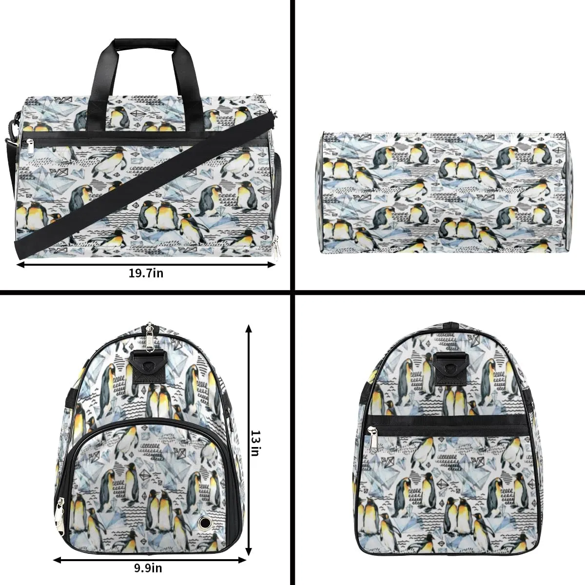 Watercolor Penguins Sports Gym Bag for Women Men Travel Duffel Bag with Wet Pocket & Shoes Compartment Waterproof Weekender Overnight Tote Carry on Bag Lightweight