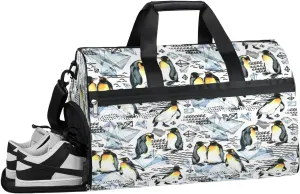 Watercolor Penguins Sports Gym Bag for Women Men Travel Duffel Bag with Wet Pocket & Shoes Compartment Waterproof Weekender Overnight Tote Carry on Bag Lightweight