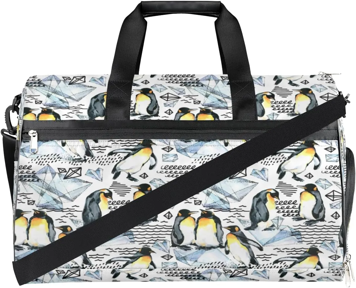 Watercolor Penguins Sports Gym Bag for Women Men Travel Duffel Bag with Wet Pocket & Shoes Compartment Waterproof Weekender Overnight Tote Carry on Bag Lightweight