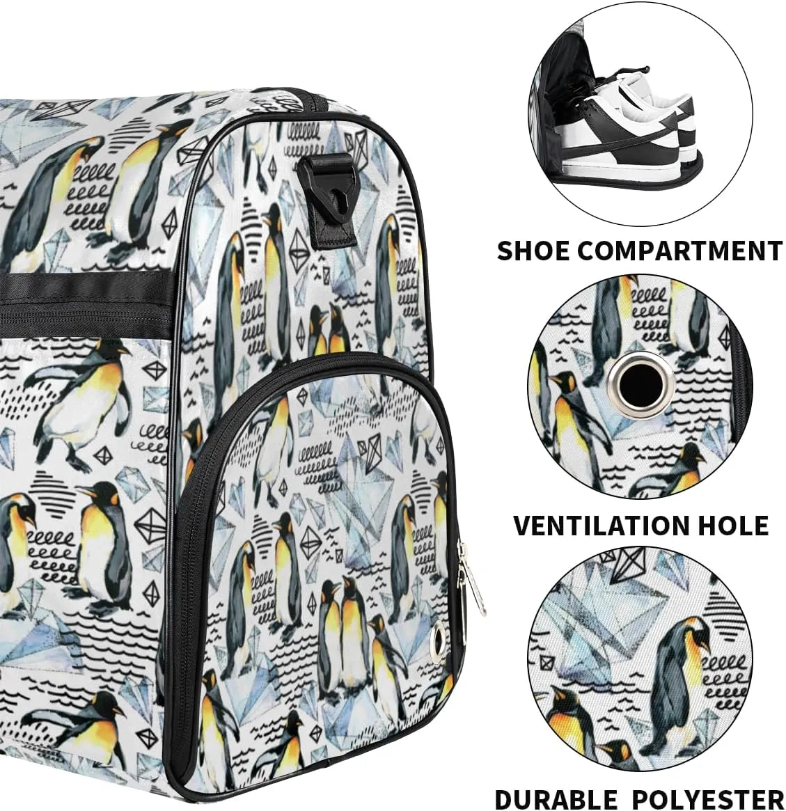 Watercolor Penguins Sports Gym Bag for Women Men Travel Duffel Bag with Wet Pocket & Shoes Compartment Waterproof Weekender Overnight Tote Carry on Bag Lightweight