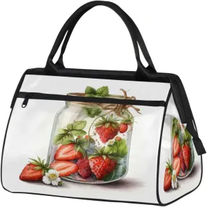 Watercolor Strawberries Slice Jar Travel Duffle Bag, Waterproof Duffel Bag Weekender Overnight Carry On Bag Lightweight Sport Gym Bag for Men Women