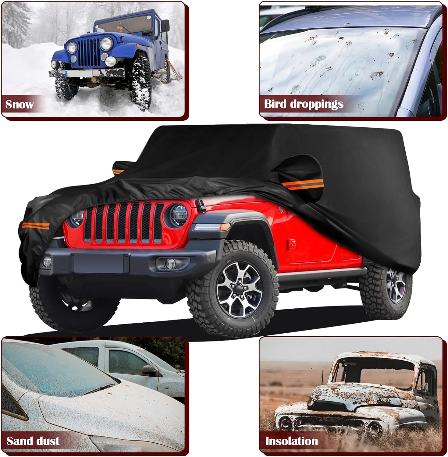 Waterproof Car Cover for Jeep Wrangler 4 Door 2006-2025 JK JL Outdoor Waterproof Sun Rain Snow Hail Protection with Driver Door Zipper
