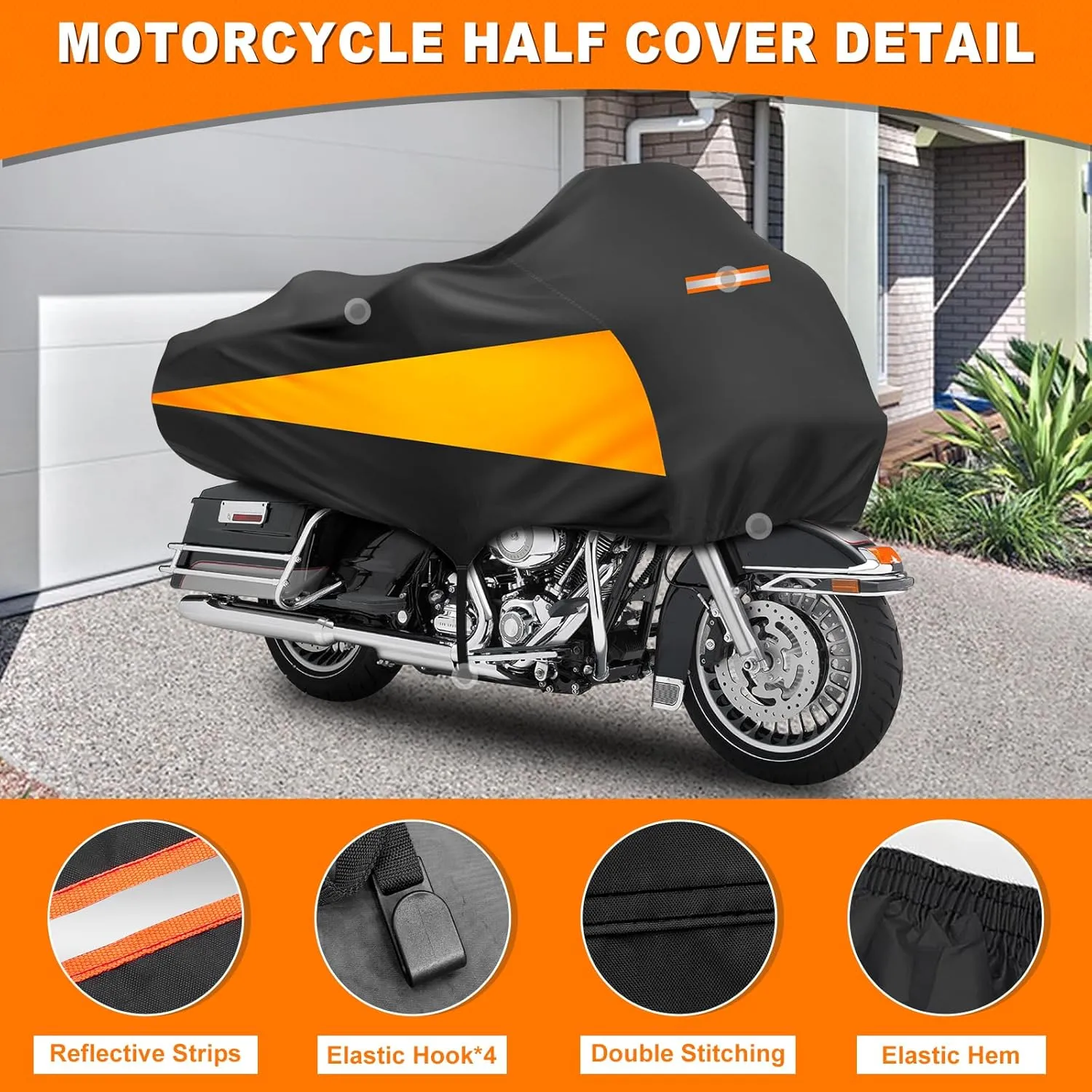 Waterproof Oxford Cloth Motorcycle Half Cover, Outdoor All Weather Sun and Dust Protector with Reflective Stripes and Storage Bag for Most Touring Models (Black & Orange)