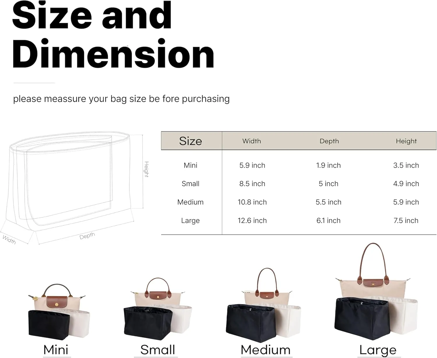 Waterproof Premium Nylon Purse Organizer Insert for Longchamp Le Pliage Handbags (Beige, Large)