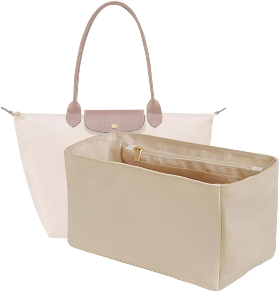 Waterproof Premium Nylon Purse Organizer Insert for Longchamp Le Pliage Handbags (Beige, Large)