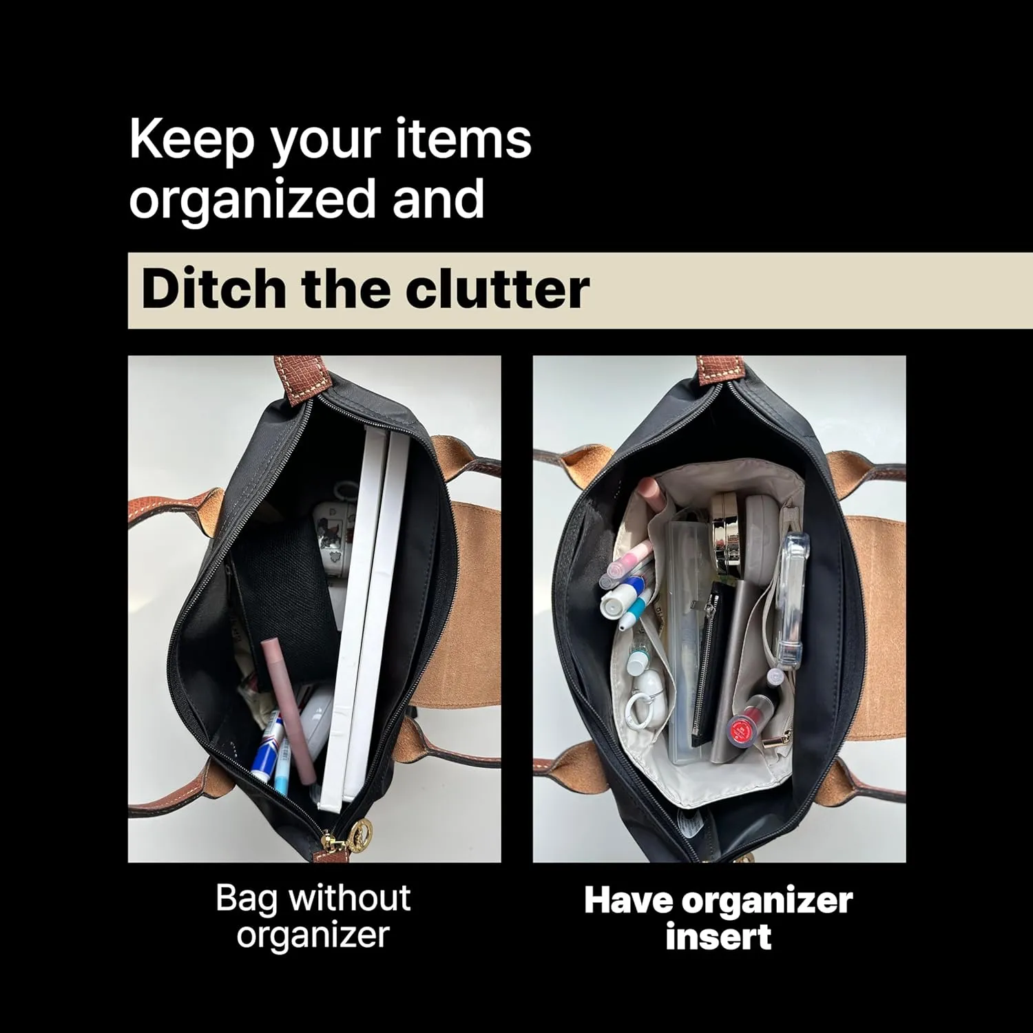 Waterproof Premium Nylon Purse Organizer Insert for Longchamp Le Pliage Handbags (Black, Large)
