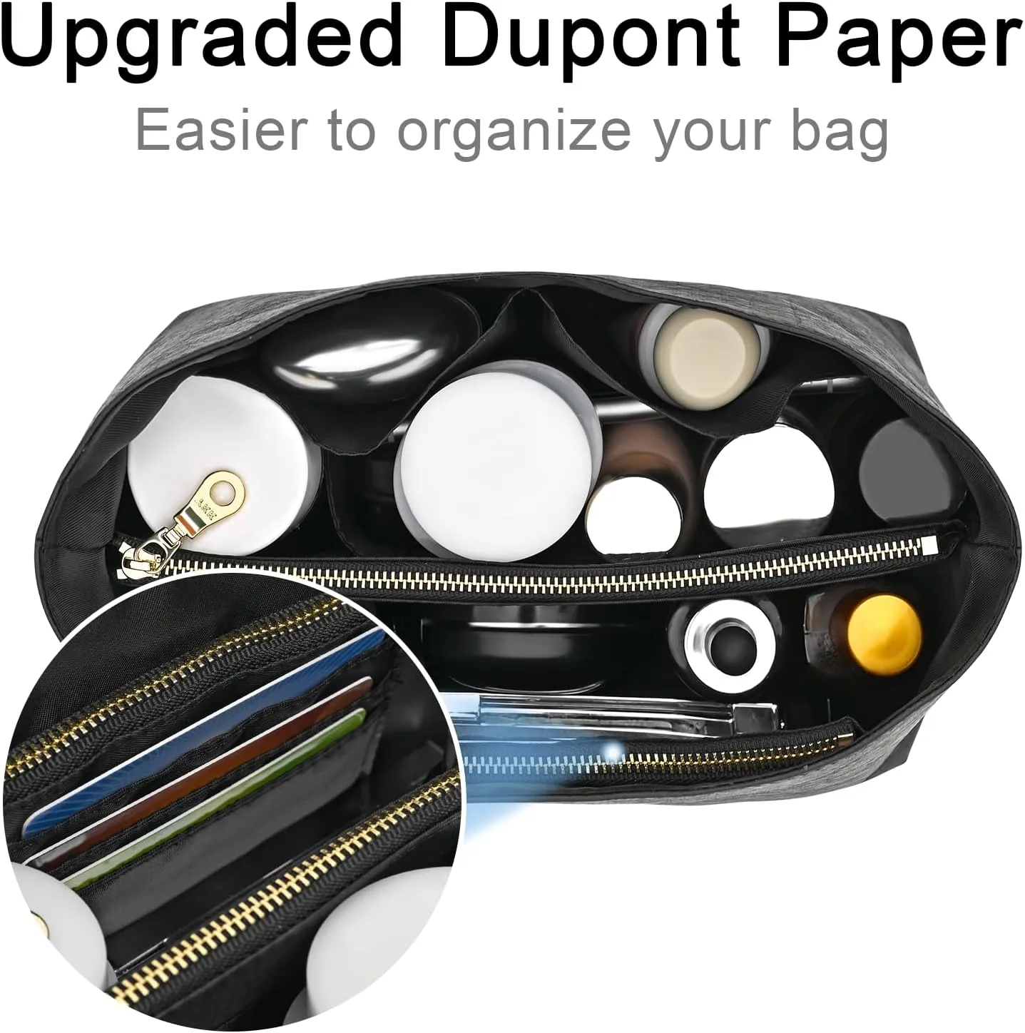 Waterproof Purse Organizer Insert for Longchamp le Pliage Medium Handbags Insert DupontPaper Lightweight with YKK Zipper (Black, Medium)