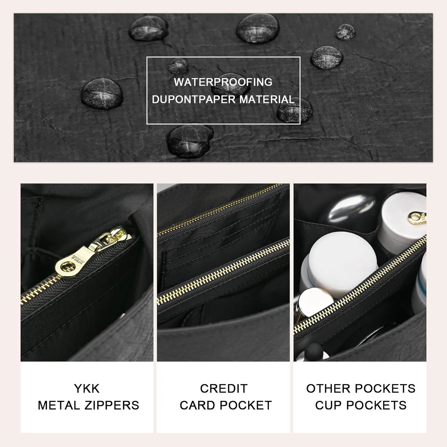 Waterproof Purse Organizer Insert for Longchamp le Pliage Medium Handbags Insert DupontPaper Lightweight with YKK Zipper (Black, Medium)