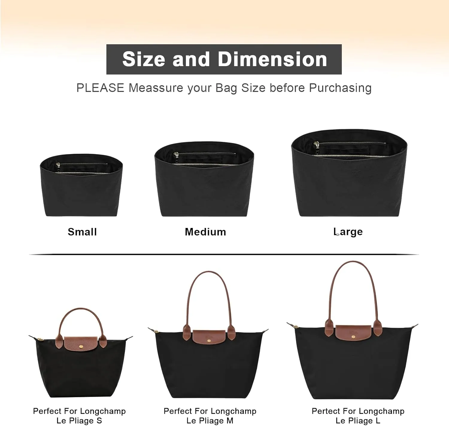 Waterproof Purse Organizer Insert for Longchamp le Pliage Medium Handbags Insert DupontPaper Lightweight with YKK Zipper (Black, Medium)