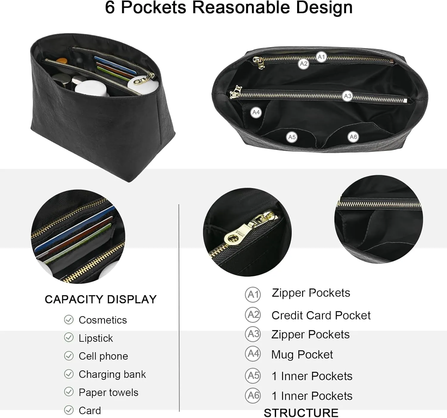 Waterproof Purse Organizer Insert for Longchamp le Pliage Medium Handbags Insert DupontPaper Lightweight with YKK Zipper (Black, Medium)