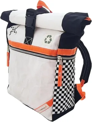 Waterproof Rolltop Backpack, Yoga Mat Holder, Checkered Design, White and Black with Orange Accents