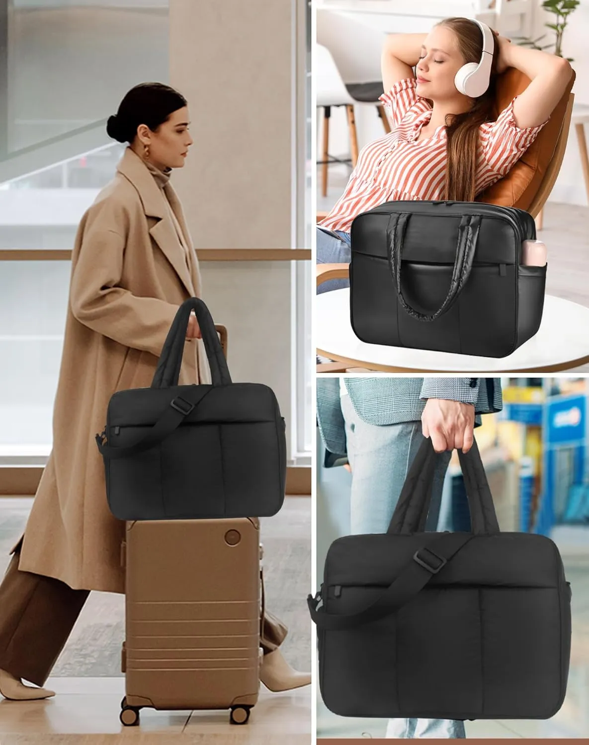 Weekender Bags for Women, Lightweight Puffer Tote Overnight Weekend Carry On Gym Duffle Bag with Shoe Compartment for Travel