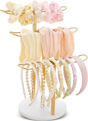 Wenqik Metal Headband Holder 3-Tier Headband Organizer Hairband Holder Organizer Hair Hoop Display Stand with Wooden Base Hairband Organizer for Women Bracelets Bangle Bedroom Storage Decor