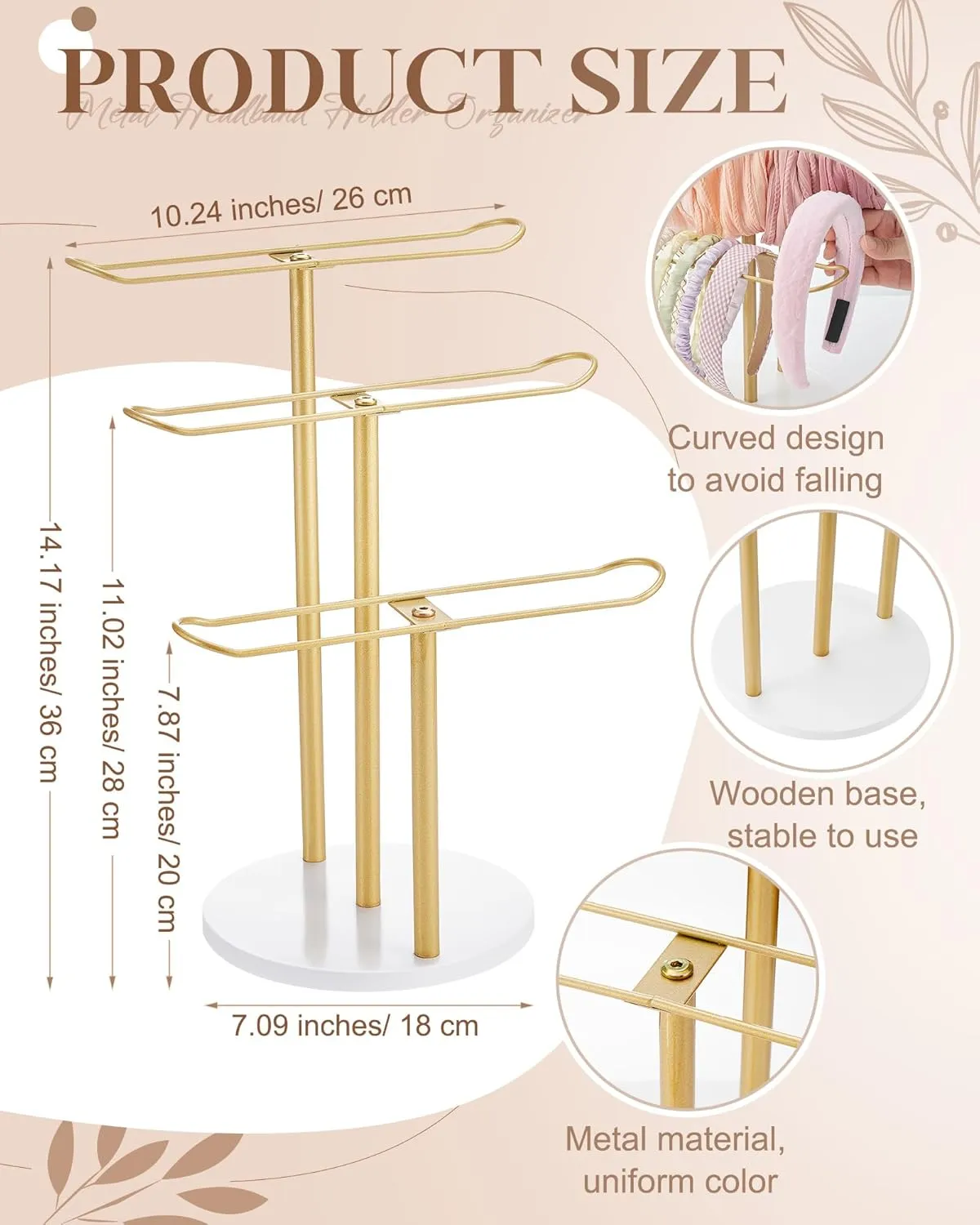 Wenqik Metal Headband Holder 3-Tier Headband Organizer Hairband Holder Organizer Hair Hoop Display Stand with Wooden Base Hairband Organizer for Women Bracelets Bangle Bedroom Storage Decor