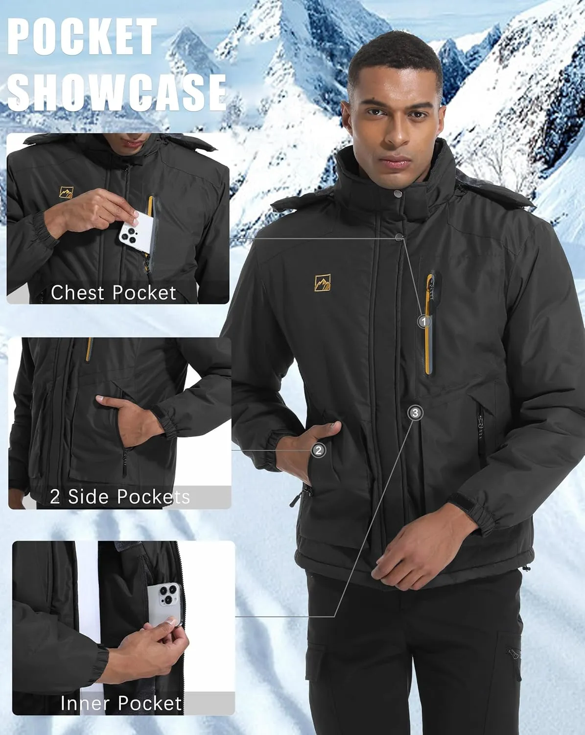 WENRONSTA Men's Ski Snow Jacket Winter Coat Warm Waterproof Windbreaker Mountain Snowboarding Hooded Hiking Traval