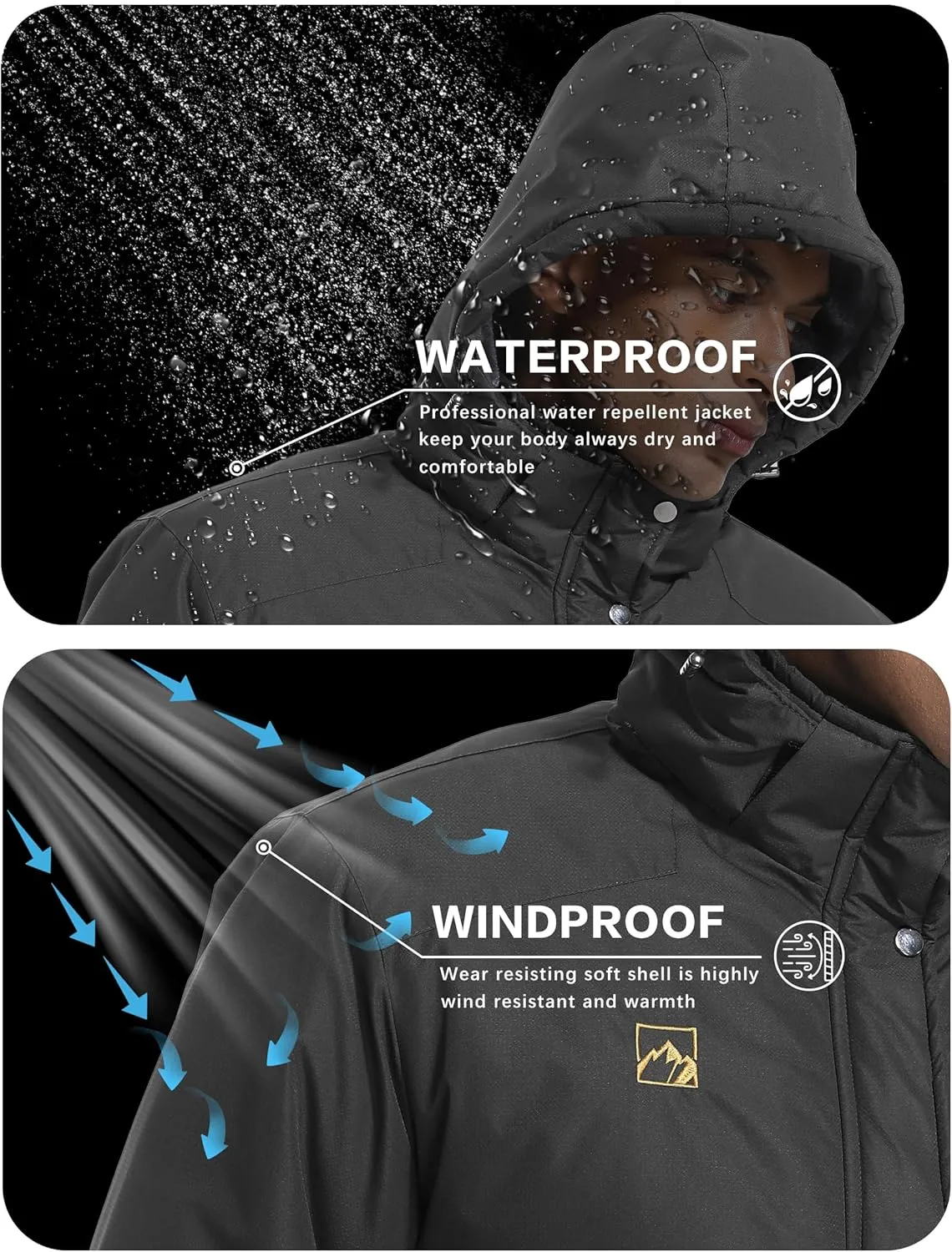WENRONSTA Men's Ski Snow Jacket Winter Coat Warm Waterproof Windbreaker Mountain Snowboarding Hooded Hiking Traval