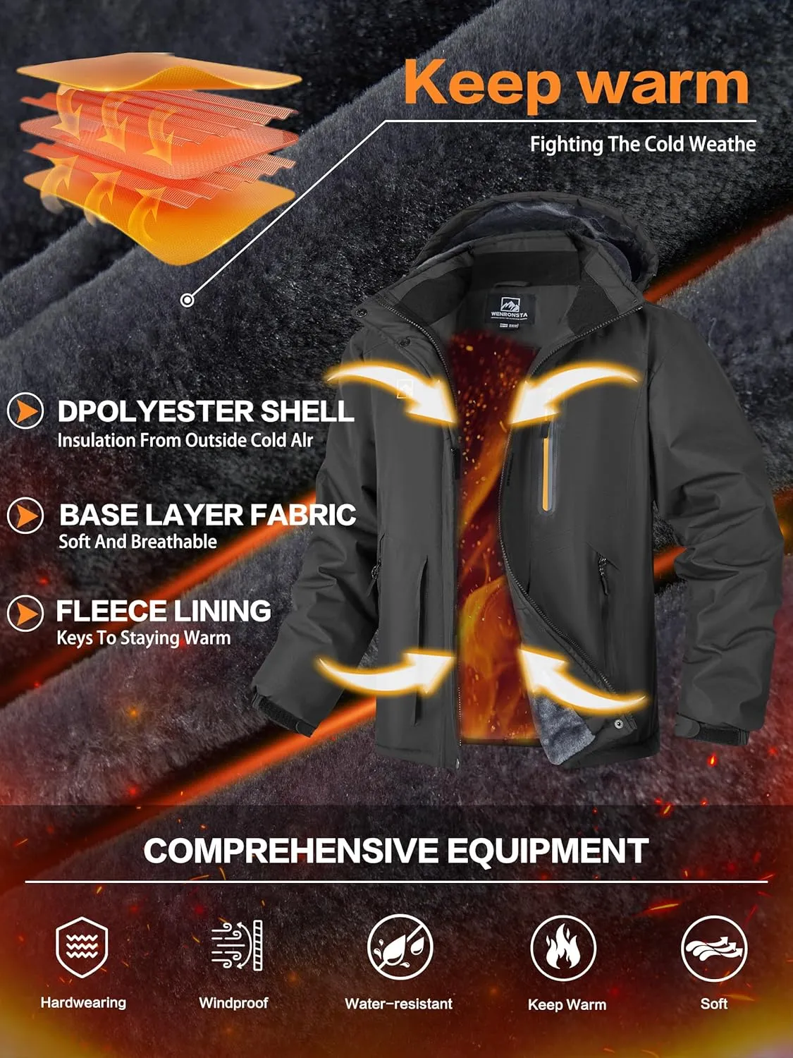 WENRONSTA Men's Ski Snow Jacket Winter Coat Warm Waterproof Windbreaker Mountain Snowboarding Hooded Hiking Traval