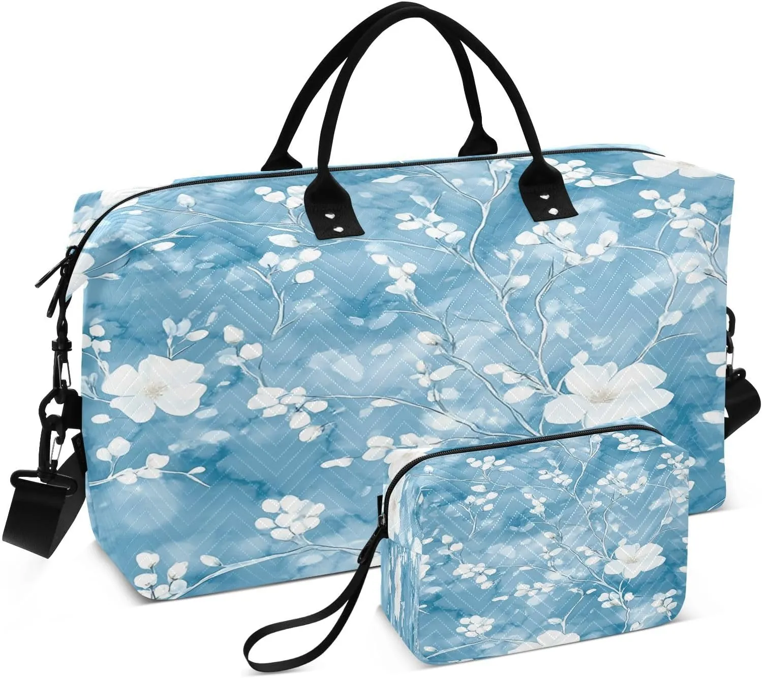 White Flowers on Blue Background Travel Bag, Travel Overnight Bag, Tote Bag, Travel Organizer, Gym Bag, Unisex