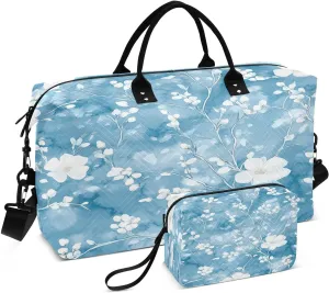 White Flowers on Blue Background Travel Bag, Travel Overnight Bag, Tote Bag, Travel Organizer, Gym Bag, Unisex